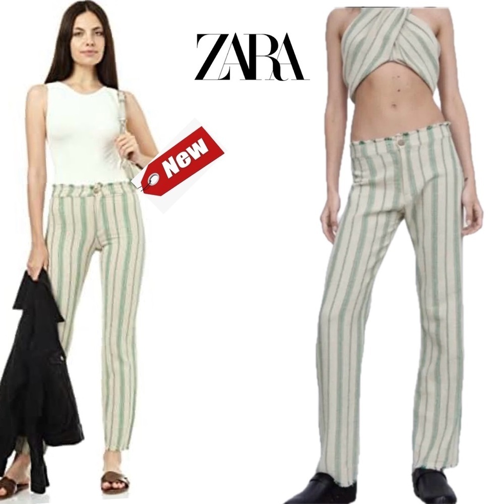 Zara tan beige green striped rustic boho The Beth Pant Sz L NWT high rise